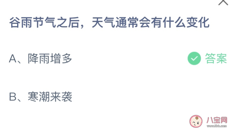 蚂蚁庄园谷雨节气之后天气会有什么变化 小课堂4月20日答案