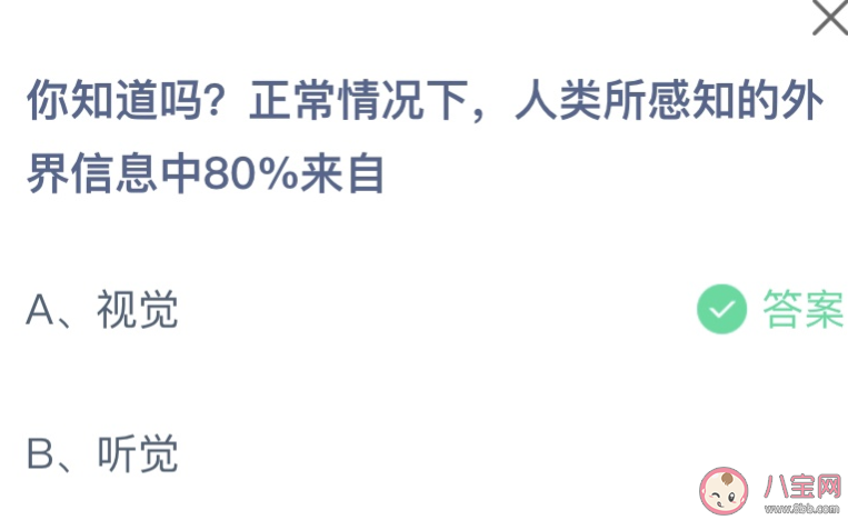 人类所感知的外界信息中80%来自 蚂蚁庄园7月22日答案