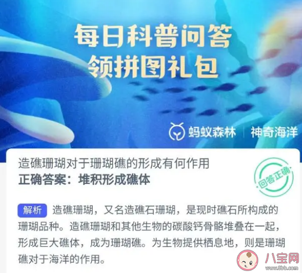 造礁珊瑚对于珊瑚礁的形成有何作用 蚂蚁庄园8月23日答案