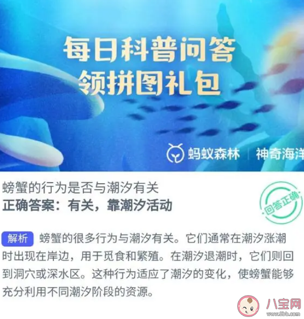 螃蟹的行为是否与潮汐有关 蚂蚁森林神奇海洋9月19日答案