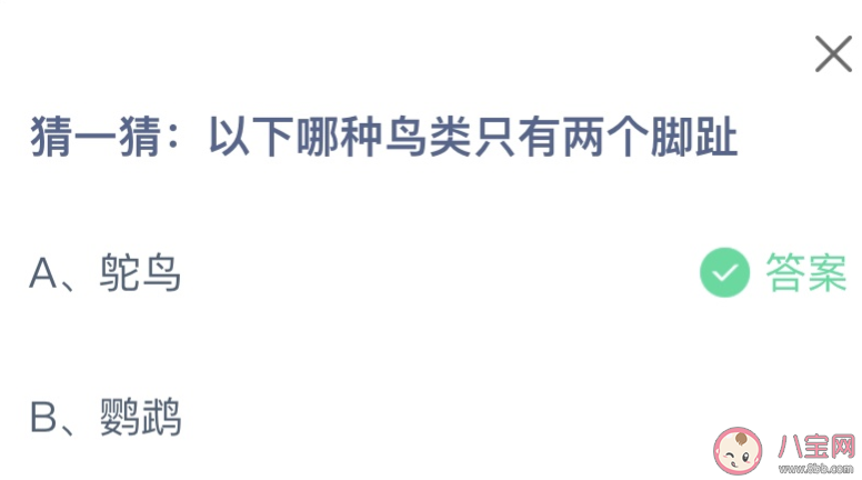 以下哪种鸟类只有两个脚趾 蚂蚁庄园3月13日答案